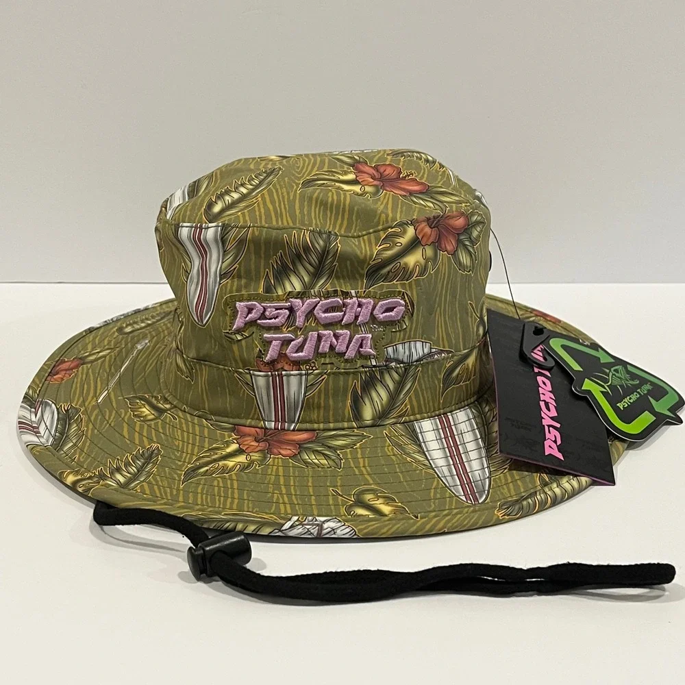 Psycho Tuna Maori Boonie Bucket Hat Olive Tropical Tiki Print Recycled